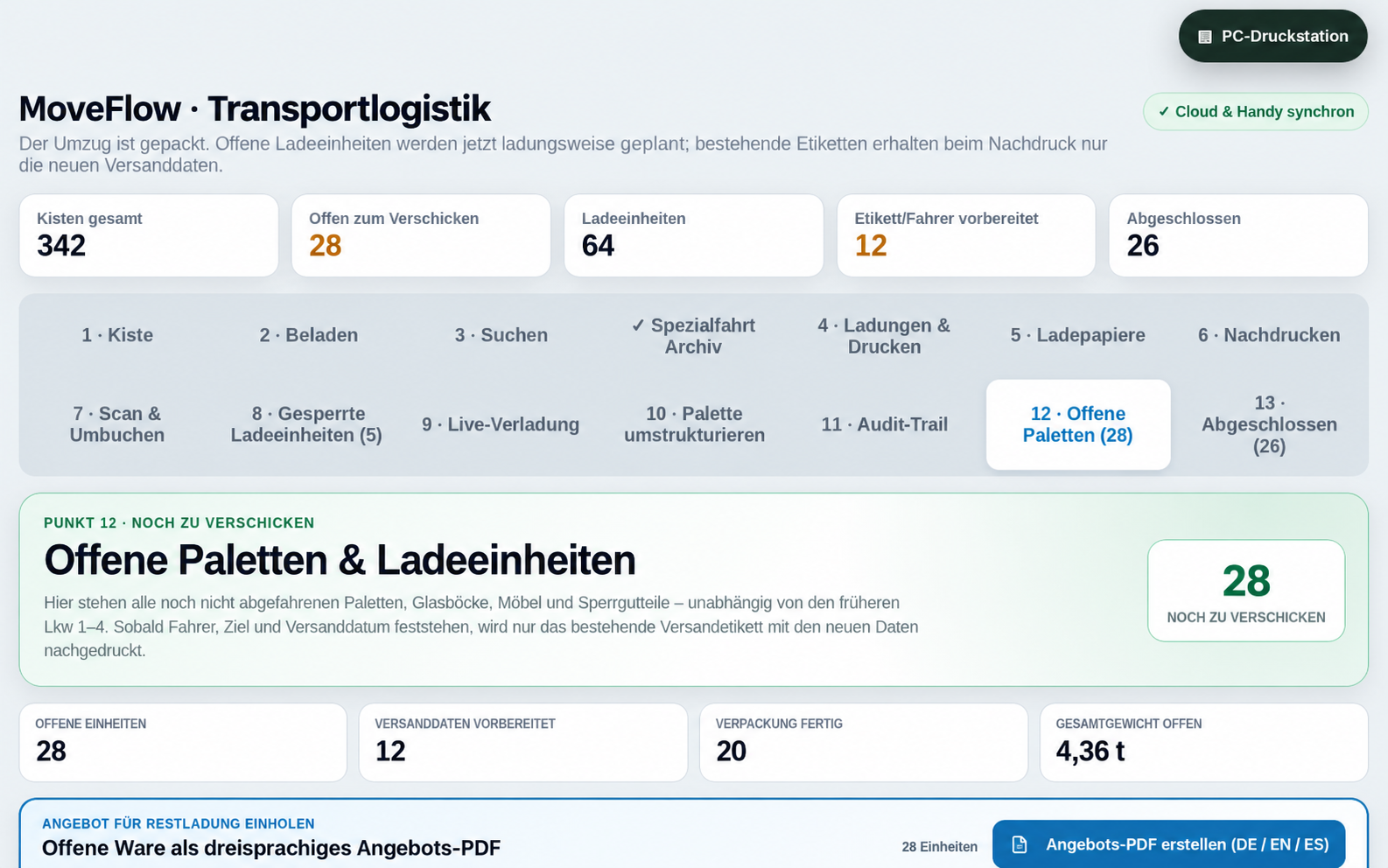 MoveFlow-Oberfläche mit Ladeeinheiten, QR-Abläufen und Verladungsübersicht; Vorgangszahlen sind Demo-Werte